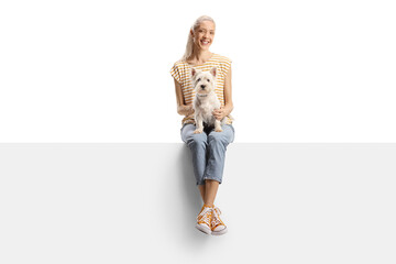Young woman holding a westie terrier on her lap and sitting on a panel