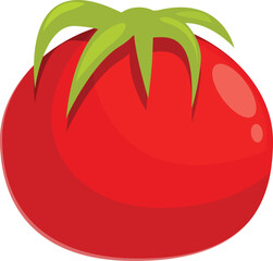 Cartoon illustration of a red tomato with a green sepal still attached to the top