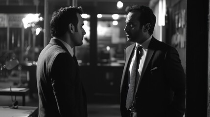 Tense Business Meeting: Two Professionals in Conflict Under Dim Office Lighting, Black and White Photograph
