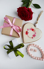 greeting card. rose bouquet and gift box with bow