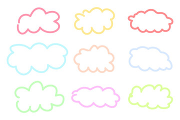 Colorful line clouds set, hand drawn cloud shapes, vector illustration.
