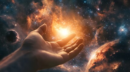 Fototapeta premium Hand Reaching Toward a Distant Galaxy: A human hand extending toward a colorful spiral galaxy, with stars and nebulae in the background. 