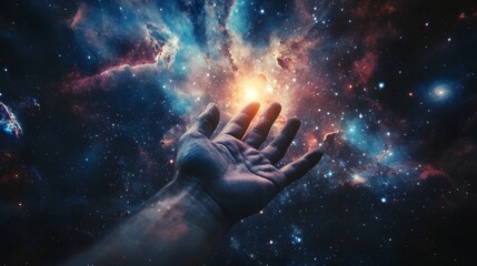 Hand Reaching Toward a Distant Galaxy: A human hand extending toward a colorful spiral galaxy, with stars and nebulae in the background.
