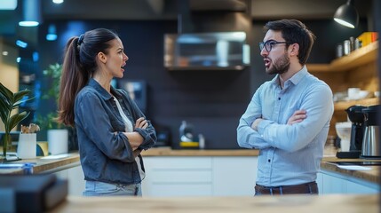 Intense Office Argument Between Coworkers in Modern Kitchen Setting - Workplace Conflict Concept