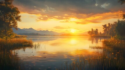 Painting of sunset casting colors on calm water image