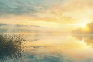 Obraz premium A tranquil lake at sunrise with soft yellow hues and mist rising, surrounded by gentle hills in a serene fall landscape