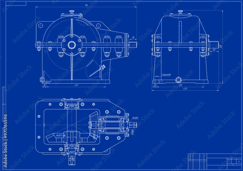 Canvas Prints Assembly drawing of reducer.
Vector drawing of steel mechanical device with shaft, gear, 
bolted connection and dimension lines.
Engineering cad scheme. Technical template. Cross section.