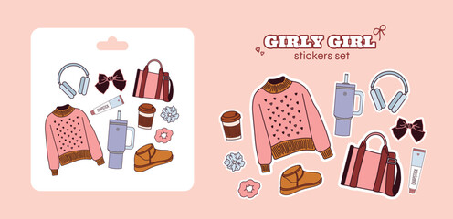Cartoon set of girl stickers trendy soft girl in modern style. What in girl bag stickers. Water bottle, headphones, bow, ugg, chapstick, scrunchy, tote bag, coffee.