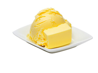Delicious butter on a white plate, featuring a smooth scoop of creamy texture, perfect for cooking and baking.