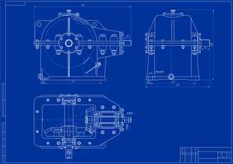 Assembly drawing of reducer.
Vector drawing of steel mechanical device with shaft, gear, 
bolted connection and dimension lines.
Engineering cad scheme. Technical template. Cross section.