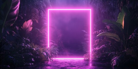 Obraz premium Tropical leaves illuminated by fluorescent neon light in square frame