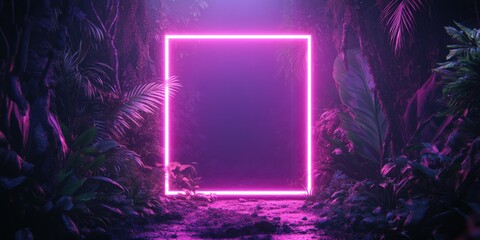 Obraz premium Tropical leaves illuminated by fluorescent neon light in square frame