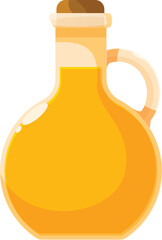 Round glass bottle containing sunflower oil with cork stopper, isolated on white background