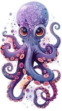 recommend clip art: Vibrant and whimsical of a cartoon octopus with swirling tentacles in an underwater scene with a colorful abstract and surreal background  The octopus has a playful