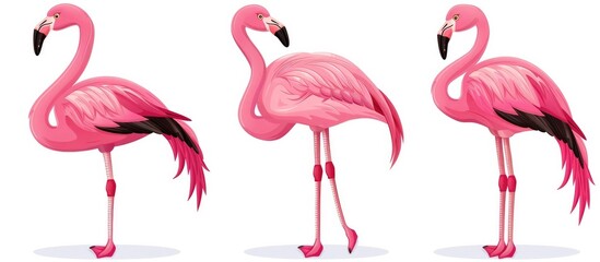 Obraz premium Three flamingo depicting the graceful elegant and vibrant nature of these iconic tropical birds The flamingos are shown in various poses showcasing their long slender legs curved necks