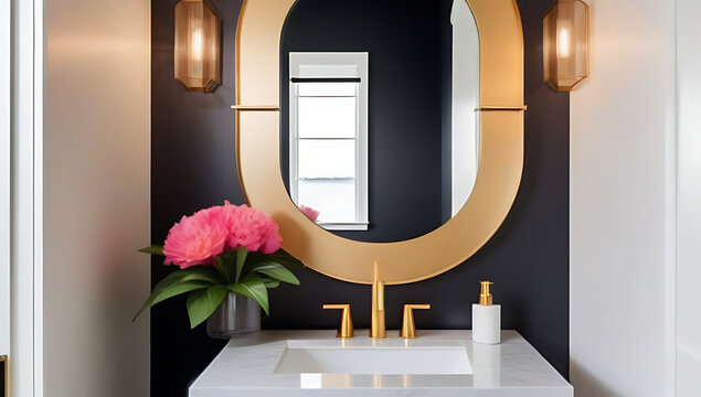 chic powder room bold wallpaper mirror statement lighting
