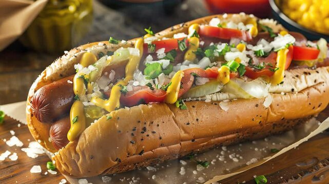 Chicago-style hot dog on the table moves with smoke around