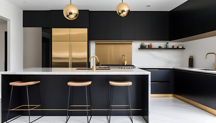 contemporary kitchen bold black cabinets gold accents marble countertops
