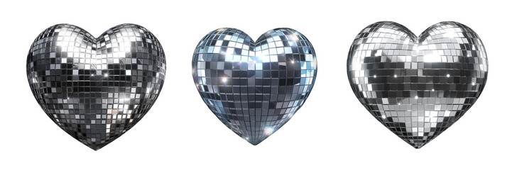 Disco mirror heart 3D icons isolated. Reflective heart shaped disco ball made of mirror tiles. design elements. Ai generative