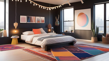 cozy bedroom bohemian theme featuring bed colorful rugs string lights