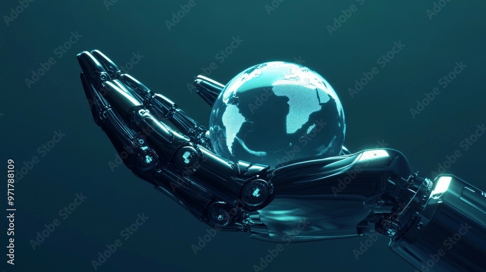 Wall mural Future technology, robotic arm, a robotic hand holding a globe, overall in a blue tone, minimalist style, minimalist background, deep blue background, clear lines.