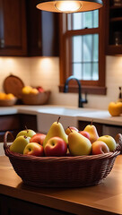 cozy kitchen centerpiece warm wood accents basket fresh fall fruits like pears apples