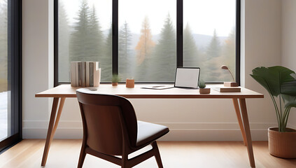 Fototapeta premium cozy home office wooden desk comfortable chair large windows