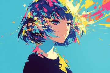 Naklejka premium Colorful anime girl with paint explosion from her head