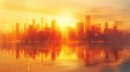 Golden Hour Cityscape Reflection with Sunset Sky