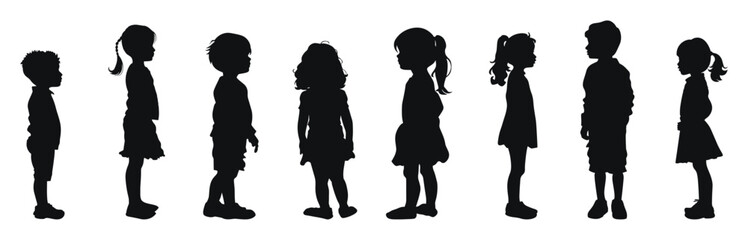 Set of children silhouettes detailed vector illustration. Black and white designs of diverse kids standing in line with different postures and profiles.