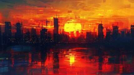 Fototapeta premium Cityscape Sunset Reflection - Abstract Painting