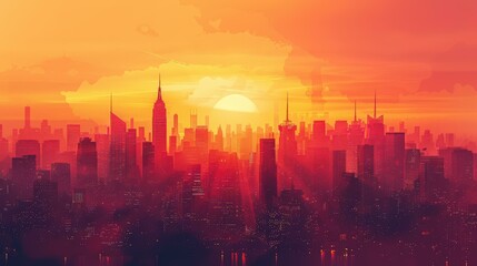 City Skyline Silhouette Sunset  Orange  Sky