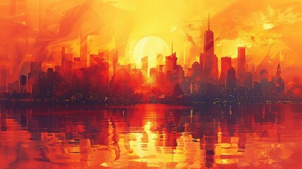 Sunset Cityscape with Reflection and Abstract Strokes