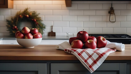 kitchen dish towels bowl red apples autumn wreath wall