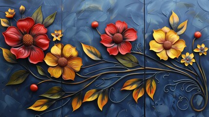 3D Floral Wall Decor - Red Yellow Flowers Blue Background