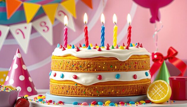 Vibrant 3th Birthday Cake with Candles and Colorful Sweets