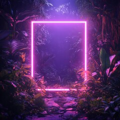 Fototapeta premium Tropical leaves illuminated by fluorescent neon light in square frame