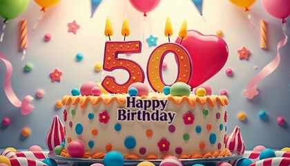 Vibrant 50th Birthday Cake with Candles and Colorful Sweets