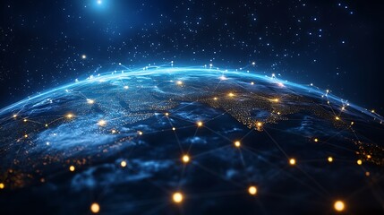 Digital space view of earth with data connections, internet and communication devices with global signals and lights in endless dark space