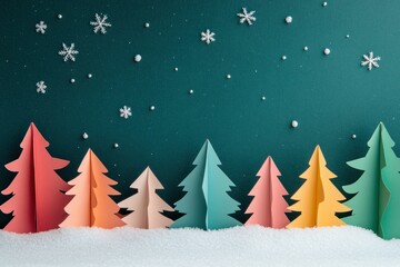 Obraz premium Christmas decorations, winter scene, colorful trees, snowflakes, holiday background, paper art, festive elements, creative design, seasonal cheer, family fun, party theme, warm colors