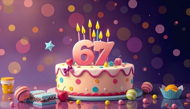 Vibrant 67th Birthday Cake with Candles and Colorful Sweets