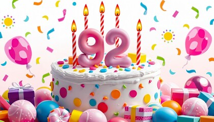 Vibrant 92th Birthday Cake with Candles and Colorful Sweets