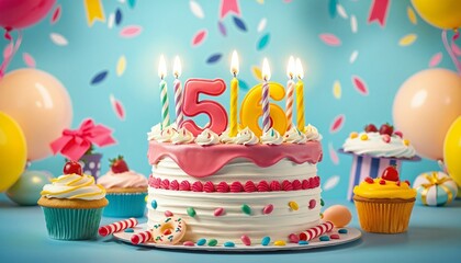 Vibrant 56th Birthday Cake with Candles and Colorful Sweets