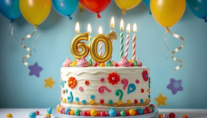 Vibrant 60th Birthday Cake with Candles and Colorful Sweets