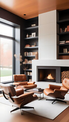 luxurious home library leather armchairs fireplace shelves adorned fall decor