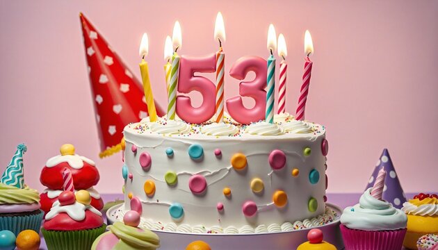 Vibrant 53th Birthday Cake with Candles and Colorful Sweets