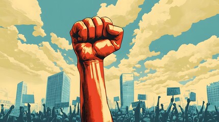 Raised Fist: A hand with a raised fist against a backdrop of a protest rally.
