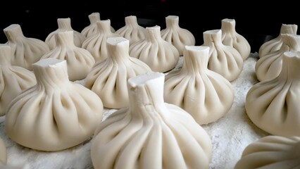 Khinkali standing in rows are prepared for cooking.