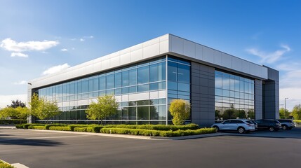 Outdoor view of a modern office building with panoramic windows with parking lot outside in daylight under clear blue sky