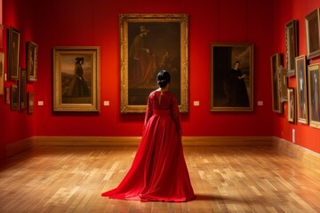 Woman dressed in red stands out in art museum surrounded by stunning masterpieces